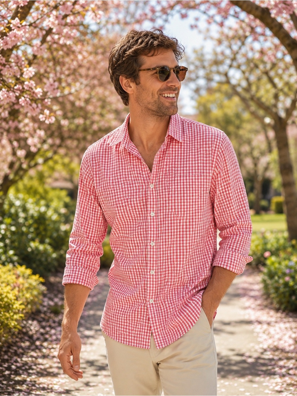 164. Zara Men's Pink and White Gingham Button-Down Shirt